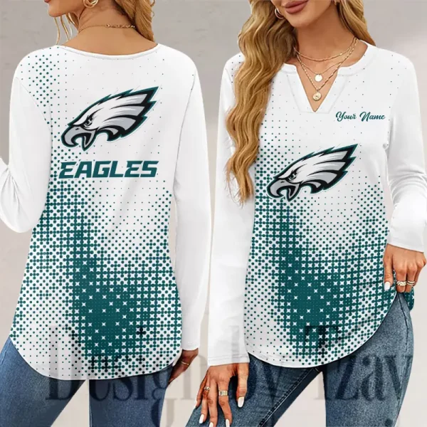 Philadelphia Eagles Long Sleeve Shirts For Women V-Neck Dressy Casual SPTLSSFWVN058