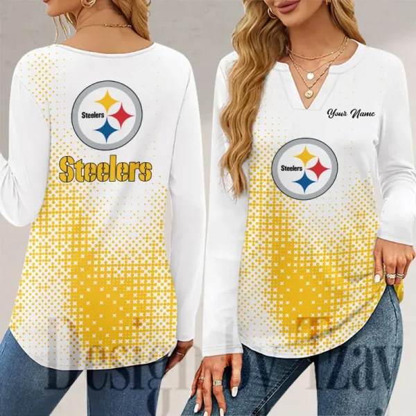 Pittsburgh Steelers Long Sleeve Shirts For Women V-Neck Dressy Casual SPTLSSFWVN059