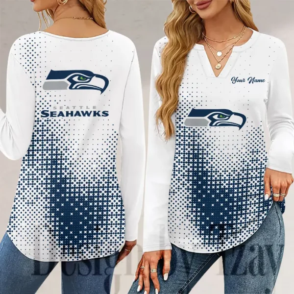 Seattle Seahawks Long Sleeve Shirts For Women V-Neck Dressy Casual SPTLSSFWVN061