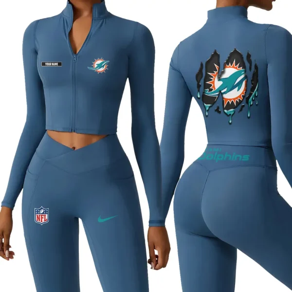 Miami Dolphins Zipper Sports Top Women Gym Long Sleeve for Fitness SPTZSTW153 - Image 4