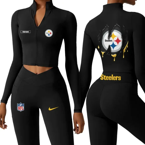 Pittsburgh Steelers Zipper Sports Top Women Gym Long Sleeve for Fitness SPTZSTW160 - Image 2