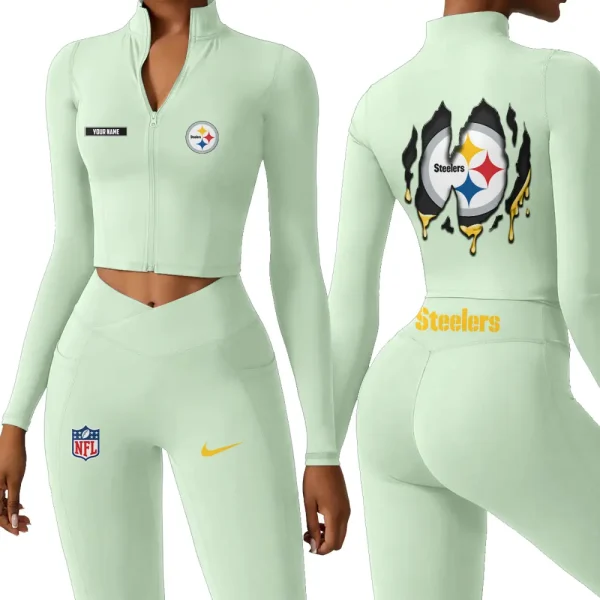 Pittsburgh Steelers Zipper Sports Top Women Gym Long Sleeve for Fitness SPTZSTW160 - Image 3