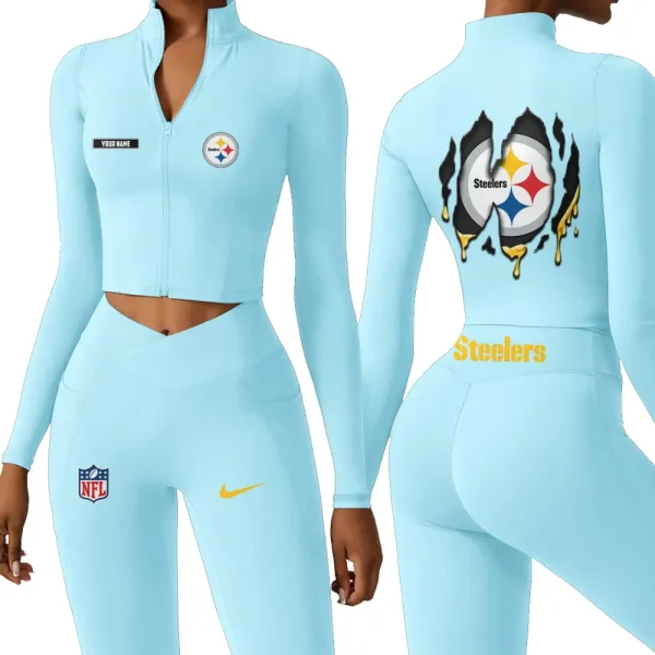 Pittsburgh Steelers Zipper Sports Top Women Gym Long Sleeve for Fitness SPTZSTW160 - Image 4