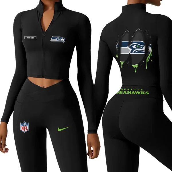 Seattle Seahawks Zipper Sports Top Women Gym Long Sleeve for Fitness SPTZSTW162 - Image 2