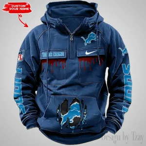 Detroit Lions Fashionable Outerwear Men's Autumn Winter Hooded Sweatshirt Cool Motorcycle Shirt AZVMHD936