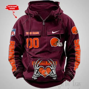 Cleveland Browns Fashionable Outerwear Men's Autumn Winter Hooded Sweatshirt Cool Motorcycle Shirt AZVMHD997