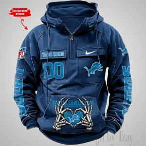 Detroit Lions Fashionable Outerwear Men's Autumn Winter Hooded Sweatshirt Cool Motorcycle Shirt AZVMHD1000