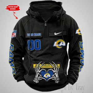 Los Angeles Rams Fashionable Outerwear Men's Autumn Winter Hooded Sweatshirt Cool Motorcycle Shirt AZVMHD1008