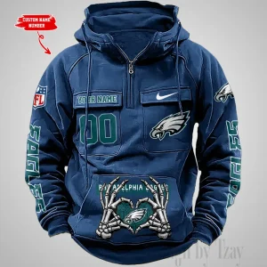 Philadelphia Eagles Fashionable Outerwear Men's Autumn Winter Hooded Sweatshirt Cool Motorcycle Shirt AZVMHD1015