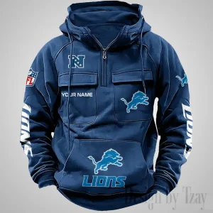 Detroit Lions Fashionable Outerwear Men's Autumn Winter Hooded Sweatshirt Cool Motorcycle Shirt AZVMHD1032
