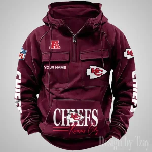 Kansas City Chiefs Fashionable Outerwear Men's Autumn Winter Hooded Sweatshirt Cool Motorcycle Shirt AZVMHD1055