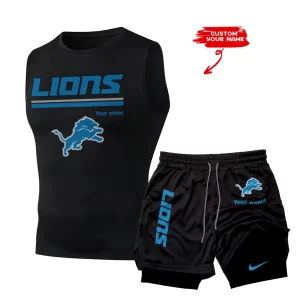 Detroit Lions Tank Tops Vest Sleeveless and Outdoor Casual Training Sports Shorts 2-in-1 Double-Layer Shorts For Men SPTMODS011