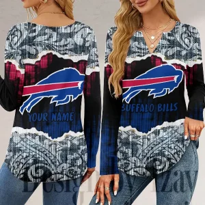 Buffalo Bills Long Sleeve Shirts For Women V-Neck Dressy Casual SPTLSSFWVN100