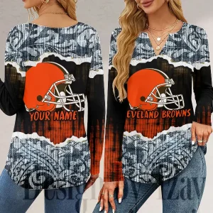Cleveland Browns Long Sleeve Shirts For Women V-Neck Dressy Casual SPTLSSFWVN104