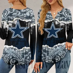 Dallas Cowboys Long Sleeve Shirts For Women V-Neck Dressy Casual SPTLSSFWVN105