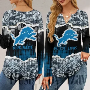 Detroit Lions Long Sleeve Shirts For Women V-Neck Dressy Casual SPTLSSFWVN107