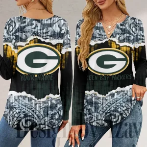 Green Bay Packers Long Sleeve Shirts For Women V-Neck Dressy Casual SPTLSSFWVN108