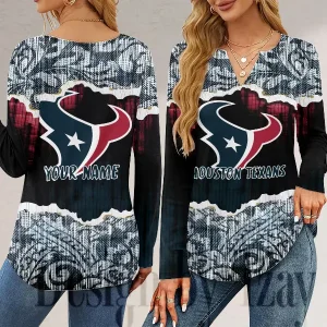 Houston Texans Long Sleeve Shirts For Women V-Neck Dressy Casual SPTLSSFWVN109