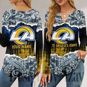 Los Angeles Rams Long Sleeve Shirts For Women V-Neck Dressy Casual SPTLSSFWVN115