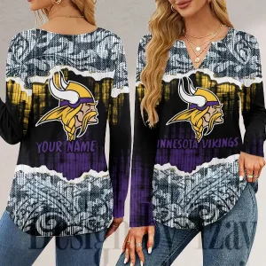 Minnesota Vikings Long Sleeve Shirts For Women V-Neck Dressy Casual SPTLSSFWVN117