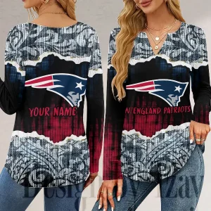 New England Patriots Long Sleeve Shirts For Women V-Neck Dressy Casual SPTLSSFWVN118