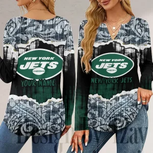 New York Jets Long Sleeve Shirts For Women V-Neck Dressy Casual SPTLSSFWVN121