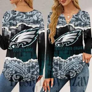 Philadelphia Eagles Long Sleeve Shirts For Women V-Neck Dressy Casual SPTLSSFWVN122