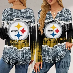 Pittsburgh Steelers Long Sleeve Shirts For Women V-Neck Dressy Casual SPTLSSFWVN123