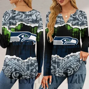 Seattle Seahawks Long Sleeve Shirts For Women V-Neck Dressy Casual SPTLSSFWVN125