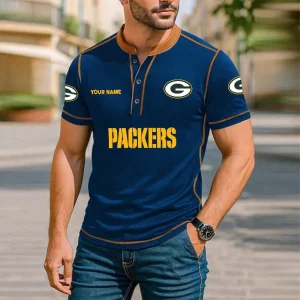 Green Bay Packers Men's Button Neck T-Shirt Short Sleeve Casual New Design 2025 SPTBNT066