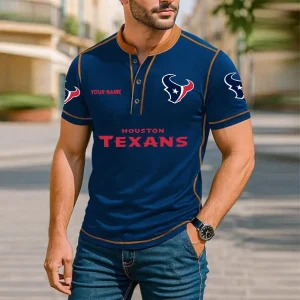 Houston Texans Men's Button Neck T-Shirt Short Sleeve Casual New Design 2025 SPTBNT074