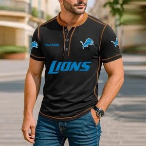 Detroit Lions Men's Button Neck T-Shirt Short Sleeve Casual New Design 2025 SPTBNT081