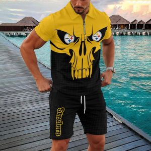 Pittsburgh Steelers Zip Polo Shirt And Shorts Men GB20