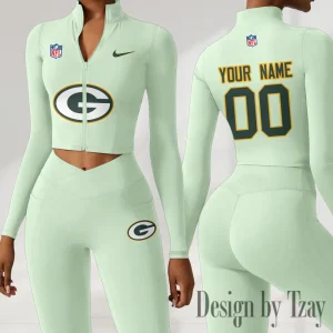 Green Bay Packers Women Activewear Set 2 Piece Crop Jacket and High Waist Leggings SPTZSTW210