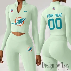Miami Dolphins Women Activewear Set 2 Piece Crop Jacket and High Waist Leggings SPTZSTW218