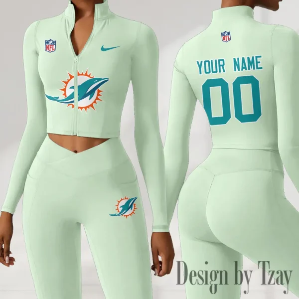 Miami Dolphins Women Activewear Set 2 Piece Crop Jacket and High Waist Leggings SPTZSTW218