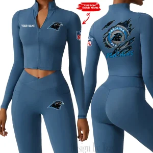 Carolina Panthers Women Activewear Set 2 Piece Crop Jacket and High Waist Leggings SPTZSTW235