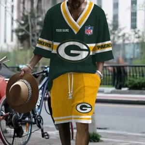 Green Bay Packers Summer New Men's 2 Piece Set Short Sleeve V-neck Casual SPTMTPSVNC008