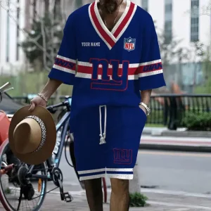 New York Giants Summer New Men's 2 Piece Set Short Sleeve V-neck Casual SPTMTPSVNC012