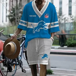 Detroit Lions Summer New Men's 2 Piece Set Short Sleeve V-neck Casual SPTMTPSVNC014