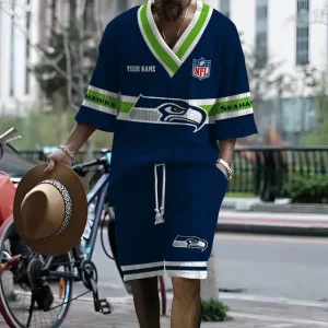Seattle Seahawks Summer New Men's 2 Piece Set Short Sleeve V-neck Casual SPTMTPSVNC019