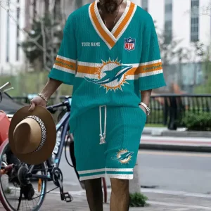 Miami Dolphins Summer New Men's 2 Piece Set Short Sleeve V-neck Casual SPTMTPSVNC020