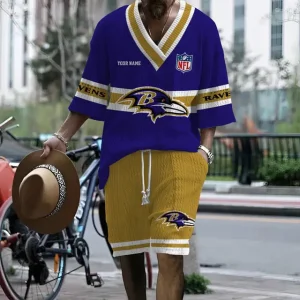Baltimore Ravens Summer New Men's 2 Piece Set Short Sleeve V-neck Casual SPTMTPSVNC022