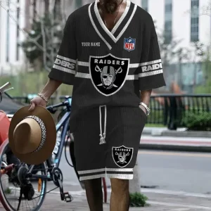 Las Vegas Raiders Summer New Men's 2 Piece Set Short Sleeve V-neck Casual SPTMTPSVNC025
