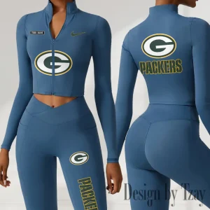 Green Bay Packers Women Activewear Set 2 Piece Crop Jacket and High Waist Leggings SPTZSTW274