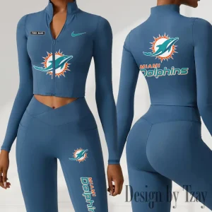 Miami Dolphins Women Activewear Set 2 Piece Crop Jacket and High Waist Leggings SPTZSTW282