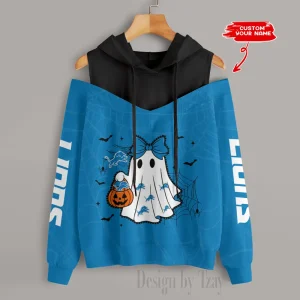 Detroit Lions Women's Off Shoulder Hoodie Long Sleeve Drawstring S9CSH235