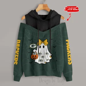 Green Bay Packers Women's Off Shoulder Hoodie Long Sleeve Drawstring S9CSH236