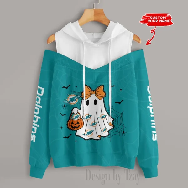 Miami Dolphins Women's Off Shoulder Hoodie Long Sleeve Drawstring S9CSH244 - Image 2