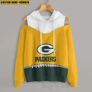 Green Bay Packers Women's Off Shoulder Hoodie Long Sleeve Drawstring S9CSH272